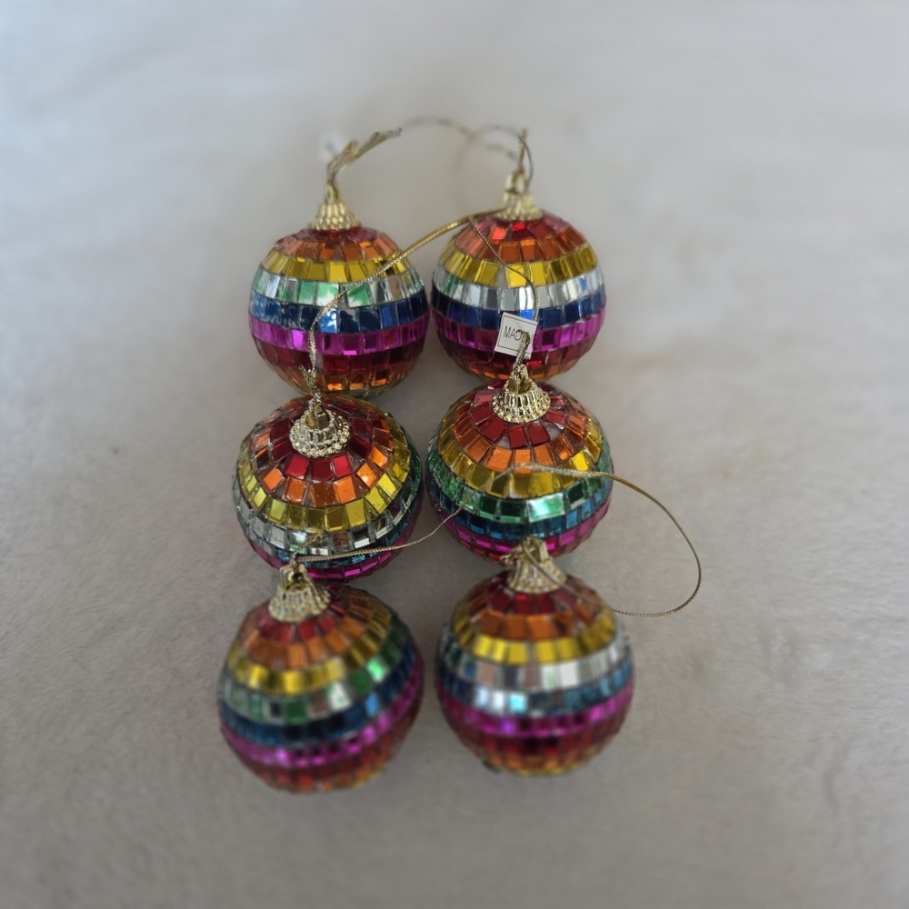 Rainbow Mosaic Cut Glass Disco Double String Christmas Ornaments Set Of 3